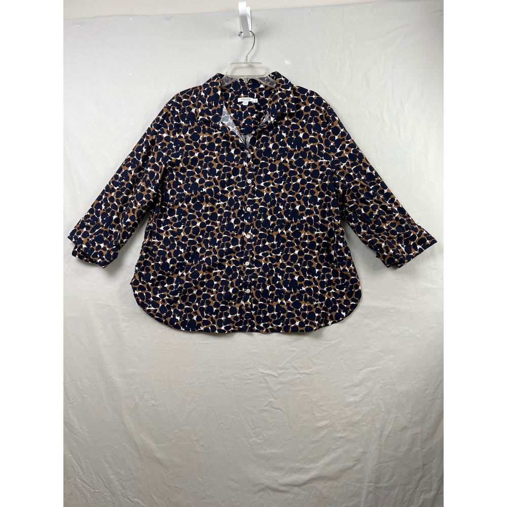 Chico's Button Down Shirt Womens 4 Size 20 Navy Brown Abstract Print 3/4 Sleeve